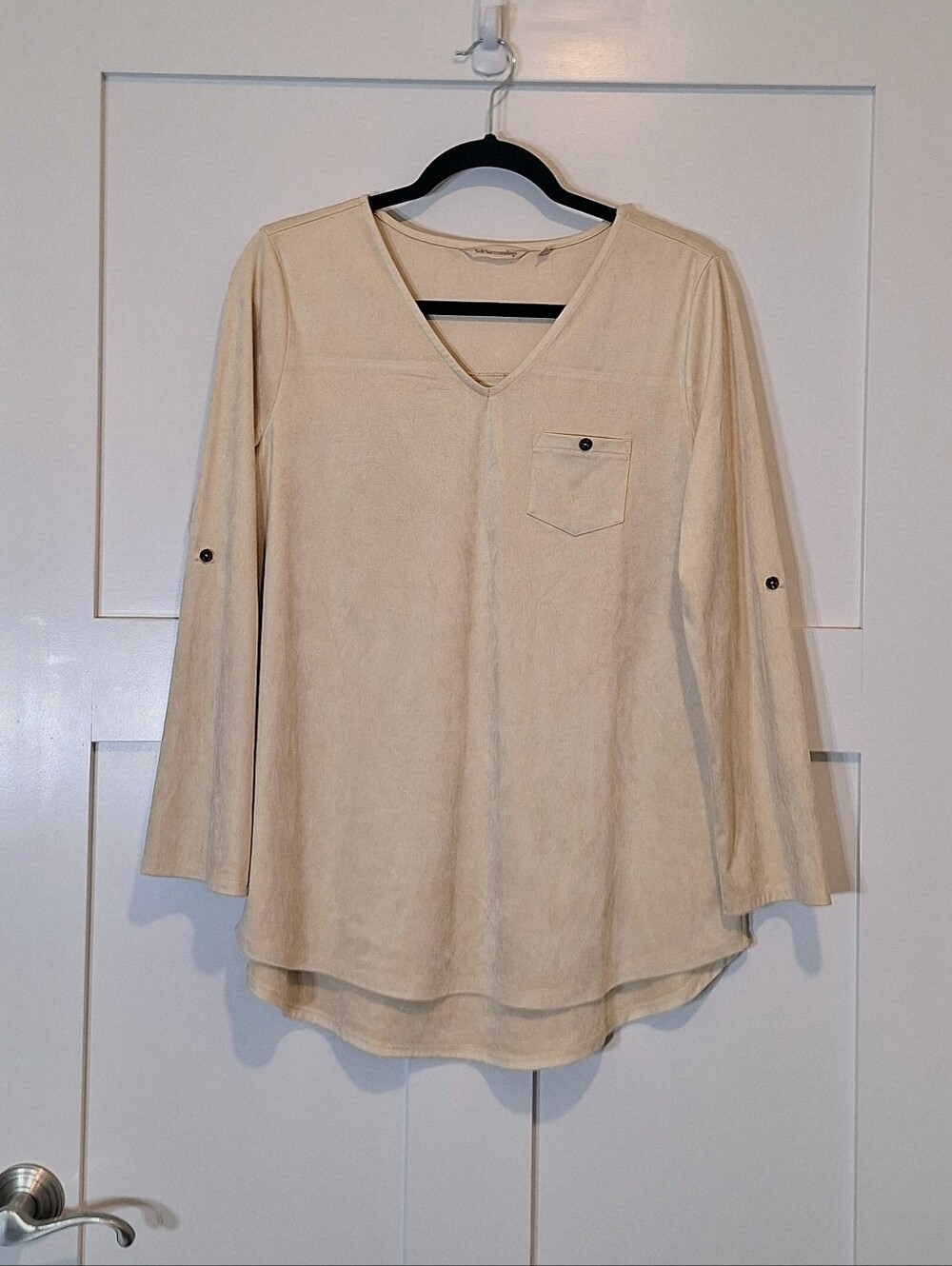 Soft Surroundings Suede Hi Low Tunic Top Roll Tab Sleeves Beige Size Medium - Picture 10 of 12